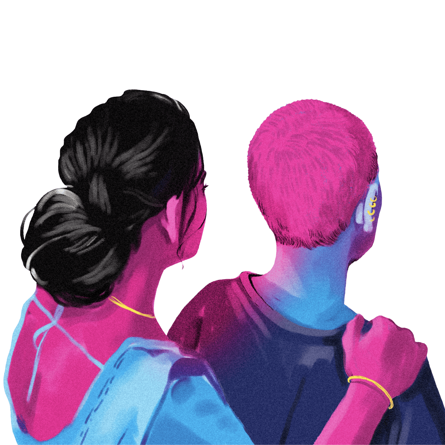 Illustration of two individuals with their backs to us, in a pink, blue and black colour palette. They have different identities, presenting differently. On the left, is a person in a sari, hair in a loose bun, their face not visible, but looking ahead, towards the right. Their hand is on the shoulder of another person on the right, with short, cropped, pink hair, wearing a grey shirt, looking in the same direction.