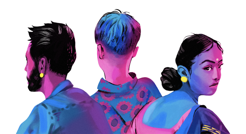 Illustration of three individuals with their backs to us, in a pink, blue and black colour palette. They have different identities, presenting differently. (from left to right) A short-haired, bearded person wearing a plain collared shirt; a short haired person wearing a floral collared shirt; and a person in a sari, hair in a bun, with a bindi on her forehead, looking to the right - we can see this person’s eyes.