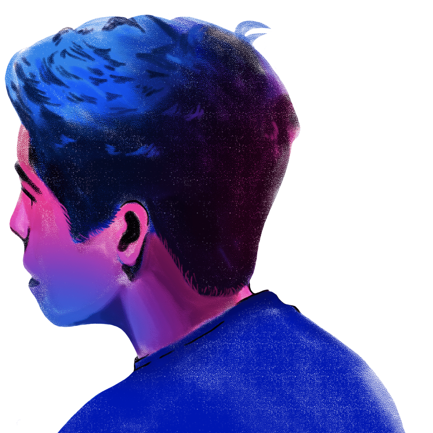 Illustration of an individual with their back to us, in a pink, blue and black colour palette. The person has short hair is wearing a blue top/t-shirt.