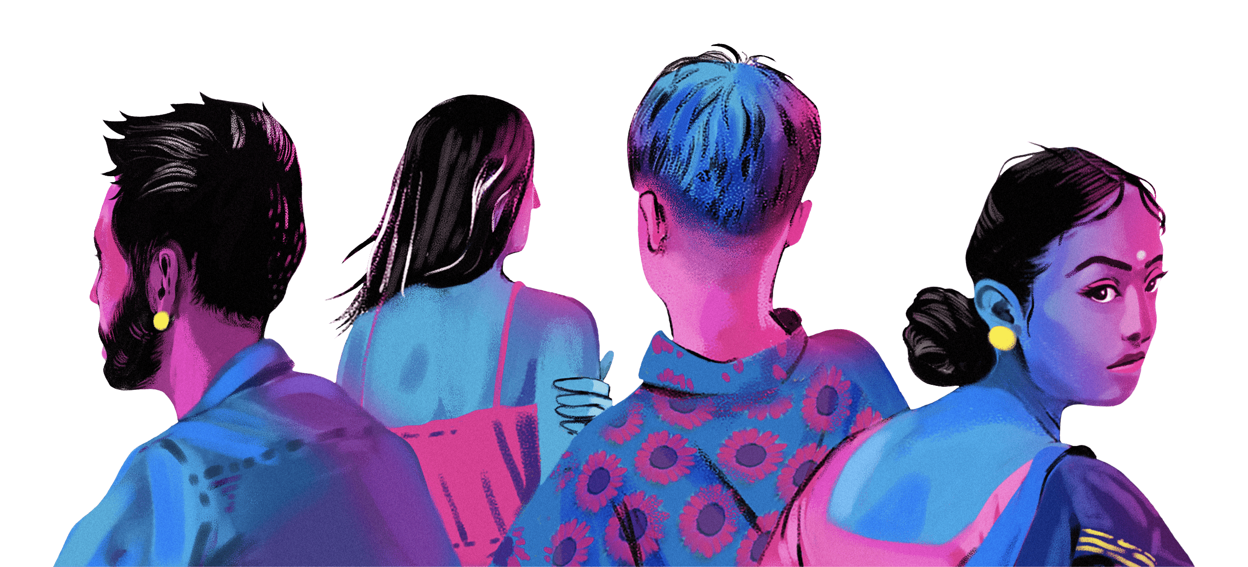 Illustration of four individuals with their backs to us, in a pink, blue and black colour palette. They have different identities, presenting differently. (from left to right) A short-haired, bearded person wearing a plain collared shirt; a long haired person wearing a dress with straps; a short haired person wearing a floral collared shirt; and a person in a sari, hair in a bun, with a bindi on her forehead, looking to the right - we can see this person’s eyes.